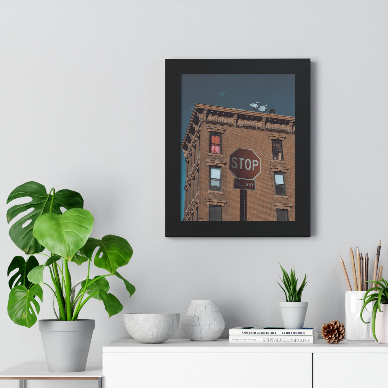 Framed Poster — Urban Stop Sign Building Photography (Vertical) - Image 2