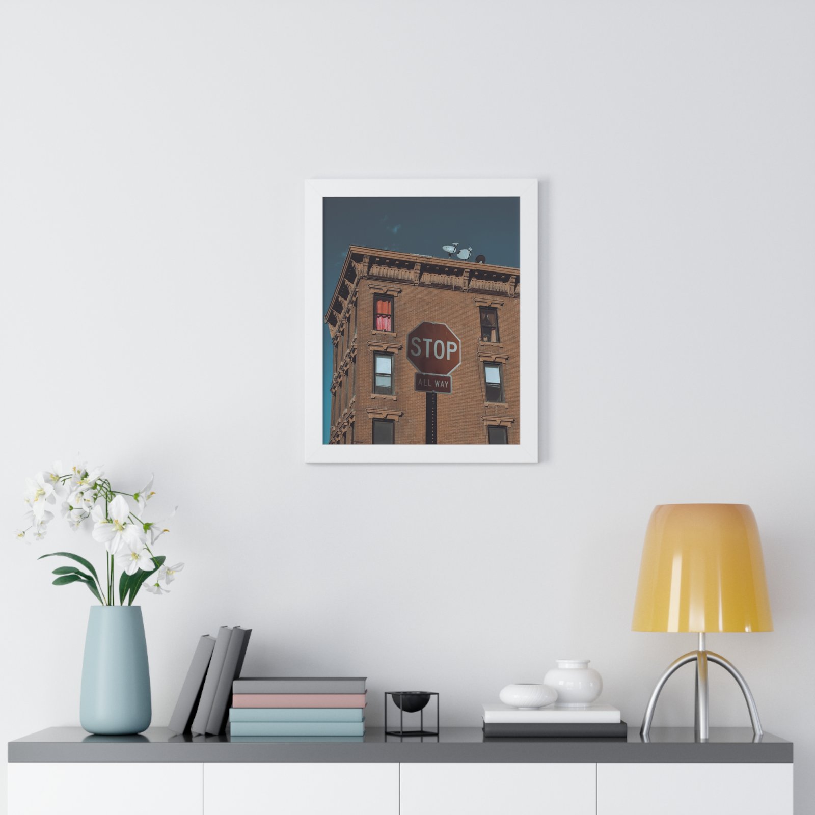 Framed Poster — Urban Stop Sign Building Photography (Vertical) - Image 14