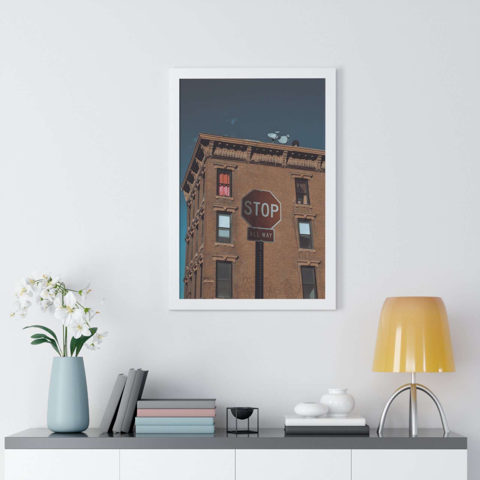 Framed Poster — Urban Stop Sign Building Photography (Vertical) - Image 16
