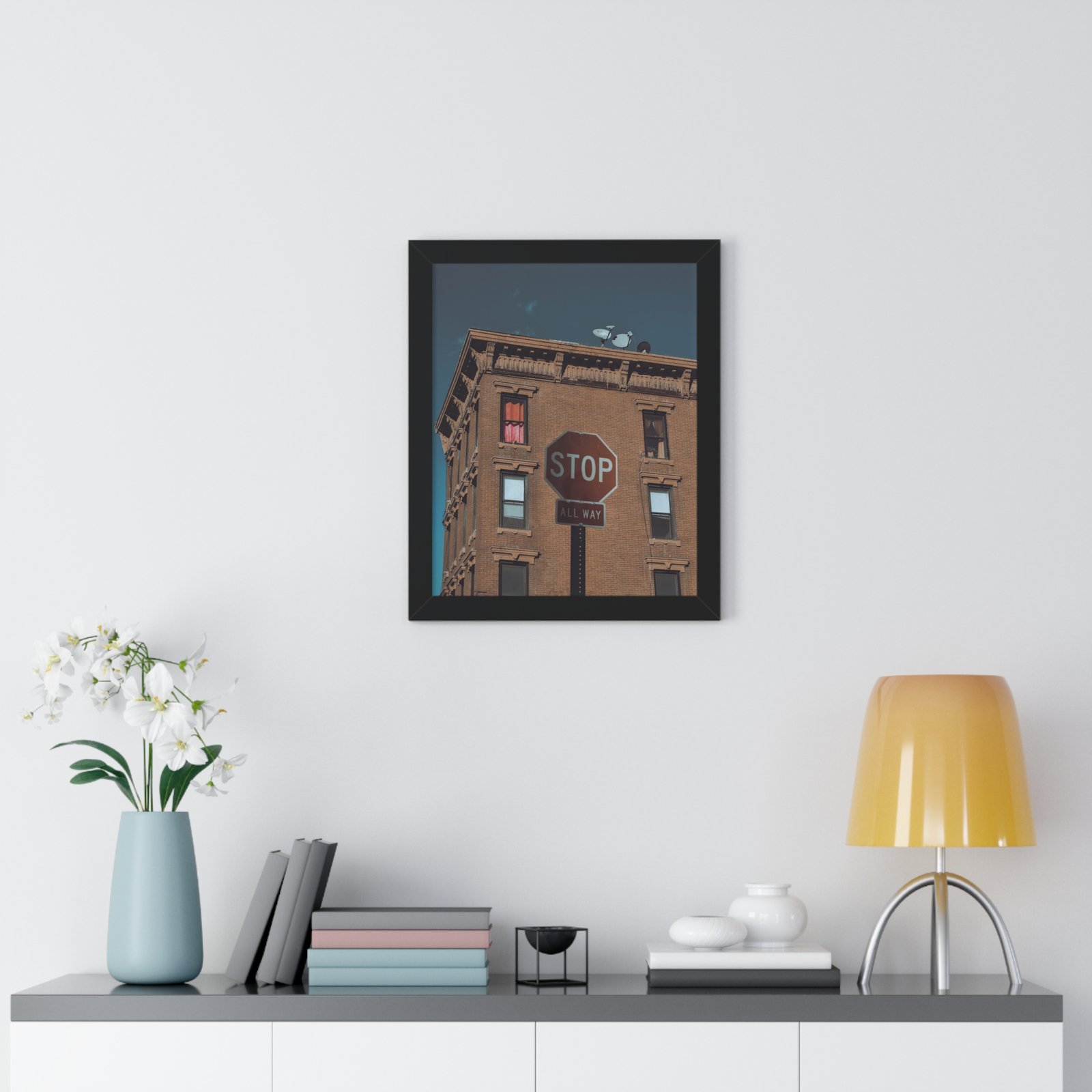 Framed Poster — Urban Stop Sign Building Photography (Vertical) - Image 6