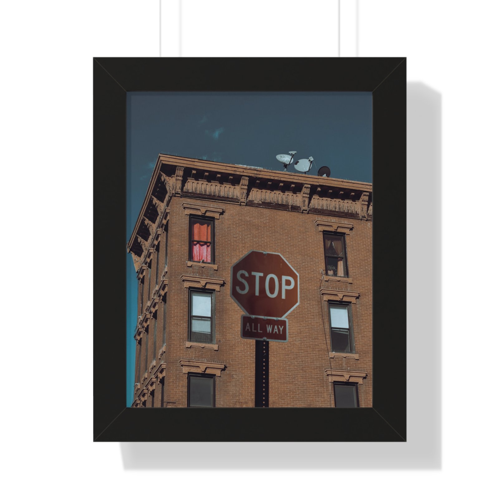 Framed Poster — Urban Stop Sign Building Photography (Vertical)