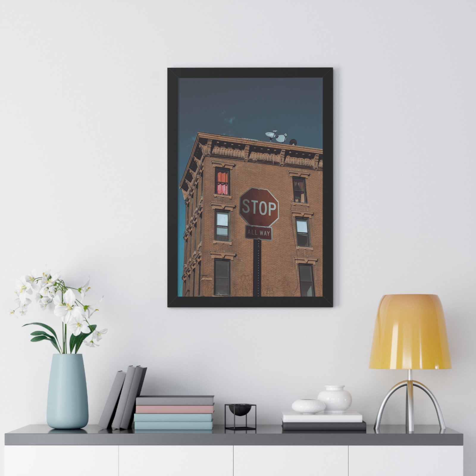 Framed Poster — Urban Stop Sign Building Photography (Vertical) - Image 8